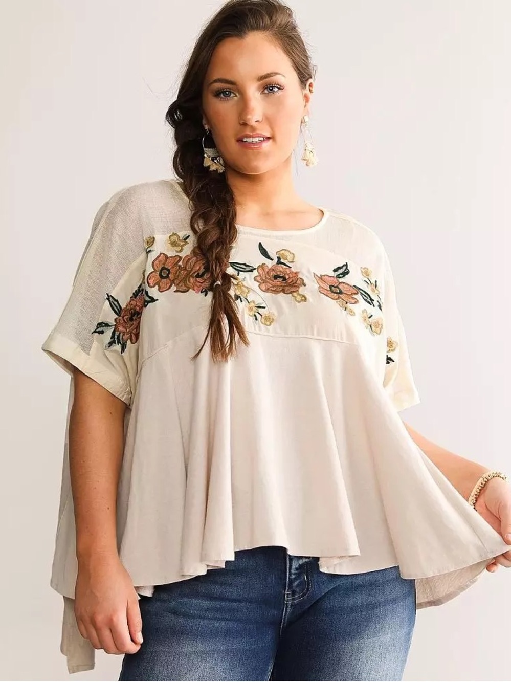 gimmicks by BKE Ivory Tunic with Peach Floral Embroidery - Picture 3 of 5